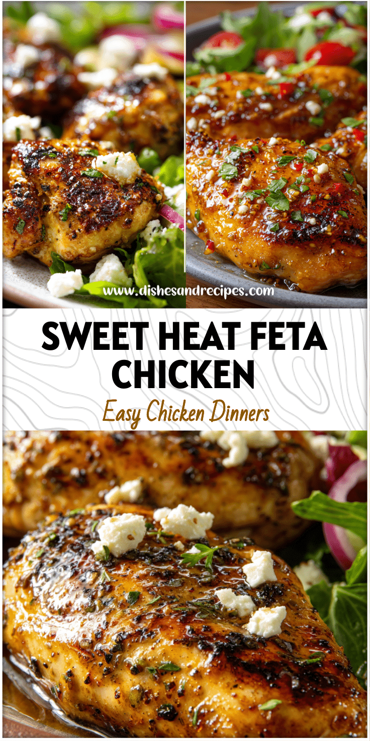 Close-up of golden-baked honey hot feta chicken on a plate with salad for an easy hot day dinner.